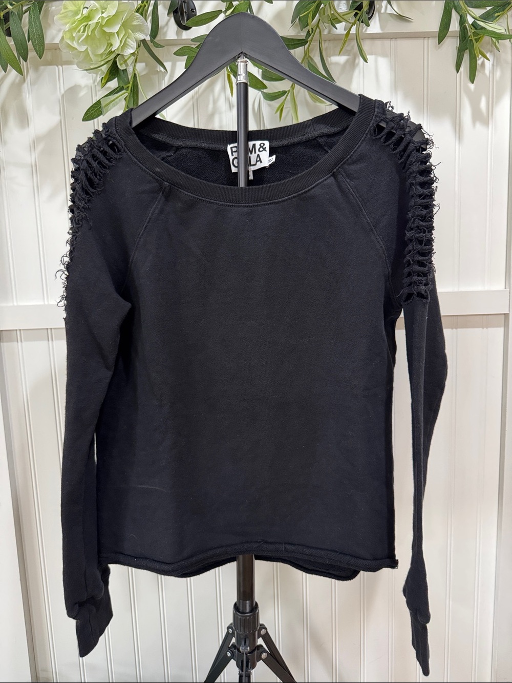 #728 PAM & GELA Black Long Sleeve Sweatshirt with Distressed Shoulders